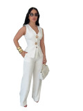 Women Elegant Gold Button Vest and Wide-Leg Pants Two-Piece Set