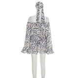 Women Summer Striped Print Mesh Headband Drawstring Lantern Sleeve Dress