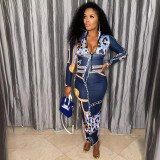 Women Printed Zipper Dress with Belt