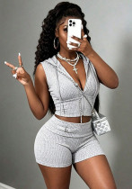 Women Knitting Ribbed Sleeveless Zipper Top and Shorts Casual Two-piece Set