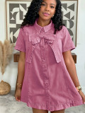 Women Denim Turndown Collar Bow Dress