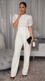 Women Casual Striped Lace Patchwork Short-Sleeve Wide-Leg Jumpsuit