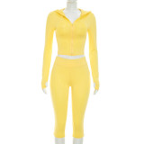 Women Hooded Long-Sleeved Zipper Top and Gathered Three-Piece Pants Two-Piece Set