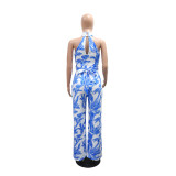 Women Halter Neck Sleeveless Printed Jumpsuit with Belt