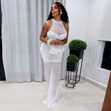 Women Summer Casual Mesh Patchwork Sleeveless Knot Gathered Dress
