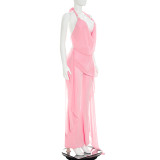 Women Summer Chiffon Patchwork Halter Neck Lace-Up Jumpsuit