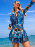 Women Bikini Mesh Patchwork Zipper Printed One-Piece Swimwear