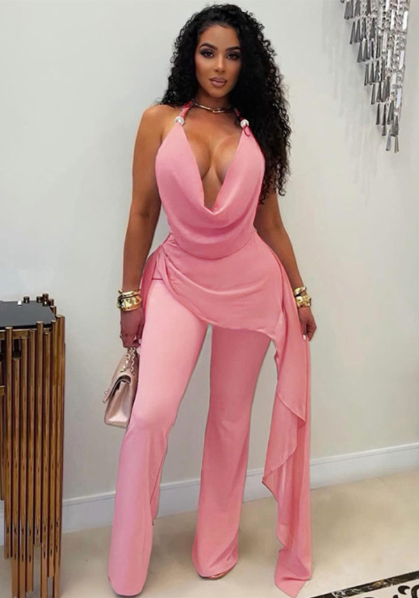 Women Summer Chiffon Patchwork Halter Neck Lace-Up Jumpsuit
