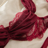 Women Burgundy Embroidered V-Neck Bra Hollowed-Out See-Through Lingerie Two-Piece Set