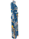 Women Printed Zipper Dress with Belt