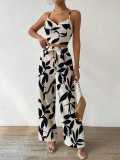 Women Summer Printed Top and Tie-up Wide-Leg Pants Two-piece Set