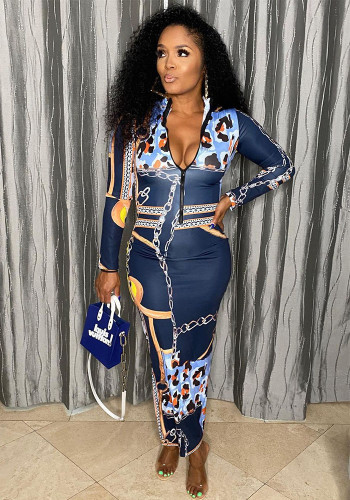 Women Printed Zipper Dress with Belt