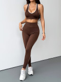 Women White-Trimmed Racerback Bra with Side Stripes Stretchy Yoga/Fitness Pant Two-piece Set