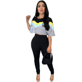 Women Casual Color Block Round Neck Top and Pant Two-Piece Set