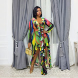 Women Ruffle Edge Round Neck Lace-Up Printed Long-Sleeved Dress