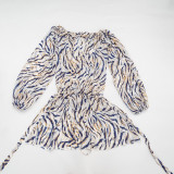 Women Summer Striped Print Mesh Headband Drawstring Lantern Sleeve Dress