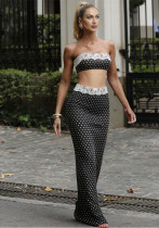 Women Spring Sexy Strapless Lace Top and Polka Dot Skirt Two-piece Set Women Spring Sexy Strapless Lace Top and Polka Dot Skirt Two-piece Set