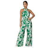 Women Halter Neck Sleeveless Printed Jumpsuit with Belt