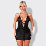 Women Summer Sexy Hollowed-Out Backless Sleeveless Lace Mini Dress