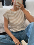 Women Spring/Summer Round Neck Cable Knitting T-shirt Top