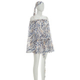 Women Summer Striped Print Mesh Headband Drawstring Lantern Sleeve Dress