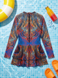 Women Bikini Mesh Patchwork Zipper Printed One-Piece Swimwear