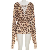 Women Summer Sexy Leopard Print Lace-Up V-Neck Flowy Mini Dress