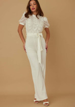 Women Casual Striped Lace Patchwork Short-Sleeve Wide-Leg Jumpsuit Women Casual Striped Lace Patchwork Short-Sleeve Wide-Leg Jumpsuit