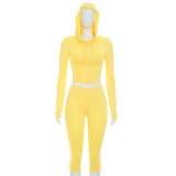 Women Hooded Long-Sleeved Zipper Top and Gathered Three-Piece Pants Two-Piece Set