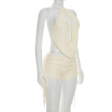 Women Summer Sexy Sleeveless Backless Halter Neck Top and Shorts Two-Piece Set