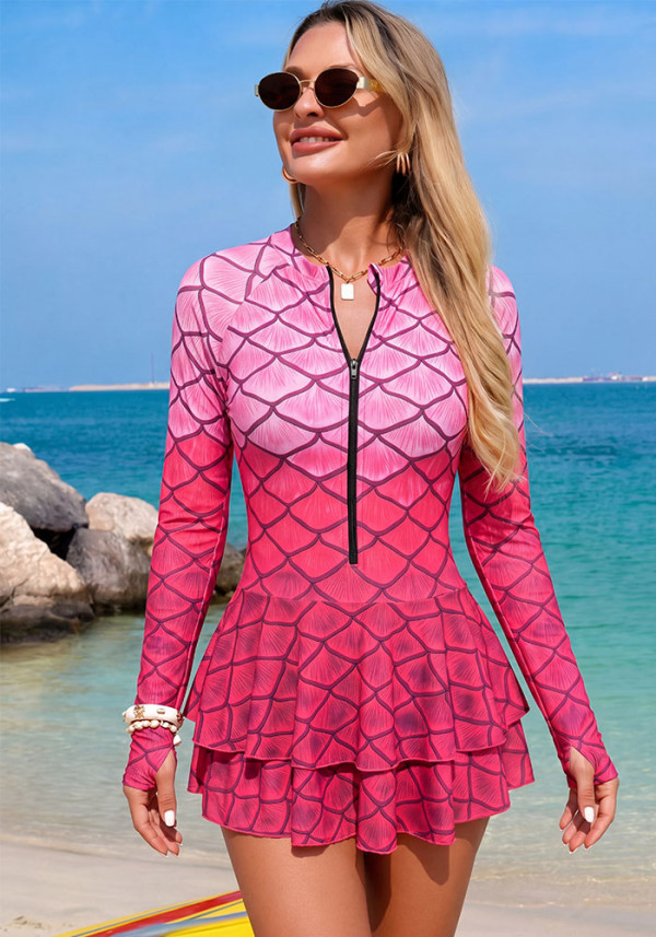 Women Bikini Mesh Patchwork Zipper Printed One-Piece Swimwear