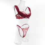 Women Burgundy Embroidered V-Neck Bra Hollowed-Out See-Through Lingerie Two-Piece Set