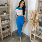 Women Casual Color Block Round Neck Top and Pant Two-Piece Set
