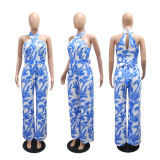 Women Halter Neck Sleeveless Printed Jumpsuit with Belt