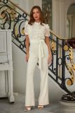 Women Casual Striped Lace Patchwork Short-Sleeve Wide-Leg Jumpsuit