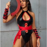 Women Sexy Hollow-Out Pu-Leather Halter Neck Backless One-Piece Lingerie Set
