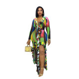 Women Ruffle Edge Round Neck Lace-Up Printed Long-Sleeved Dress