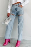 Women Chain Washed Ripped Denim Pant