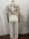 Women Casual Striped Lace Patchwork Short-Sleeve Wide-Leg Jumpsuit