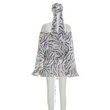 Women Summer Striped Print Mesh Headband Drawstring Lantern Sleeve Dress