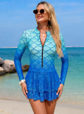 Women Bikini Mesh Patchwork Zipper Printed One-Piece Swimwear