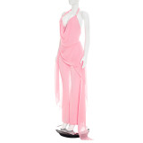 Women Summer Chiffon Patchwork Halter Neck Lace-Up Jumpsuit