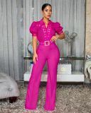 Women Elegant Lace Patchwork Tie-Waist Wide-Leg Jumpsuit