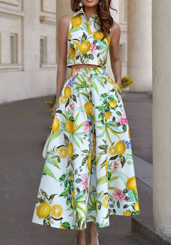 Women Summer Elegant Turndown Collar Printed Sleeveless Top Women two-piece set with skirt and suspenders