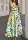 Women Summer Elegant Turndown Collar Printed Sleeveless Top Women two-piece set with skirt and suspenders
