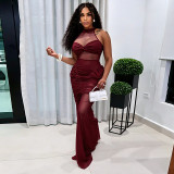 Women Summer Casual Mesh Patchwork Sleeveless Knot Gathered Dress