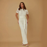 Women Casual Striped Lace Patchwork Short-Sleeve Wide-Leg Jumpsuit