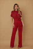 Women Casual Striped Lace Patchwork Short-Sleeve Wide-Leg Jumpsuit