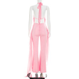 Women Summer Chiffon Patchwork Halter Neck Lace-Up Jumpsuit