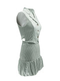 Women Turndown Collar Striped Sleeveless Vest and Tulip Skirt Two-Piece Set